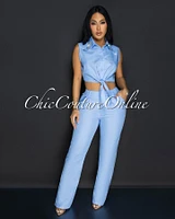 Azura Blue White Stripes Crop Top & Pants Set