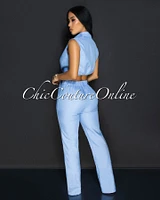 Azura Blue White Stripes Crop Top & Pants Set