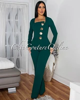 Ednella Hunter Green Gold Accent Button Long Sleeves Jumpsuit