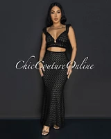 Miu Black Lace Ruffle Top & Skirt Two Piece Set