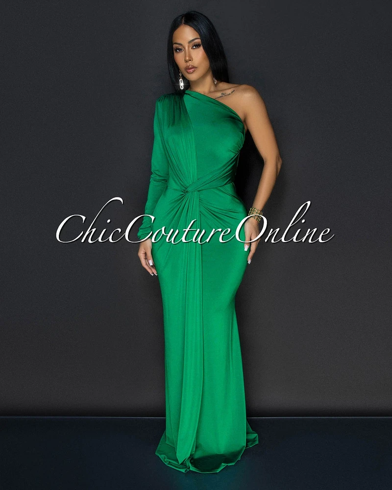 Balencia Green Single Sleeve Knot Front Maxi Dress