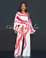 Kaira White Red Print Tunic Top & Wide Pants Silky Set