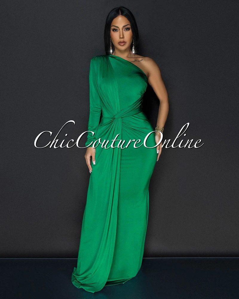 Balencia Green Single Sleeve Knot Front Maxi Dress