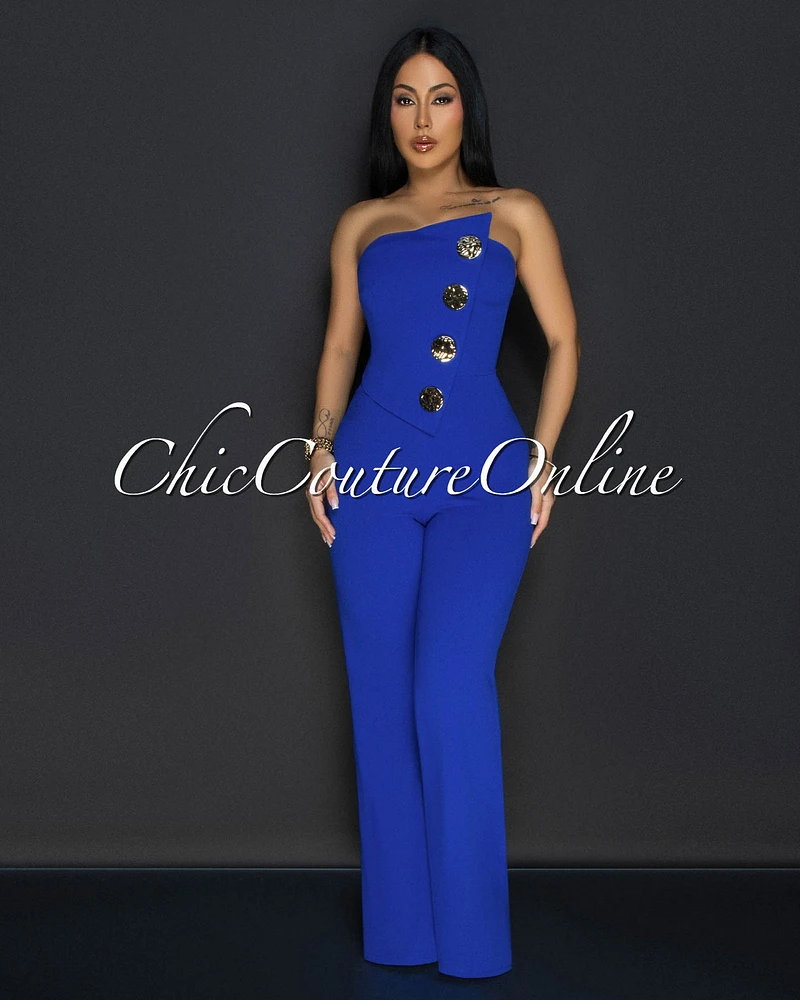 Amiri Royal-Blue Gold Accent Button Strapless Jumpsuit