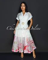 Zaria Cream Floral Print Gold Buttons Belted Maxi Dress