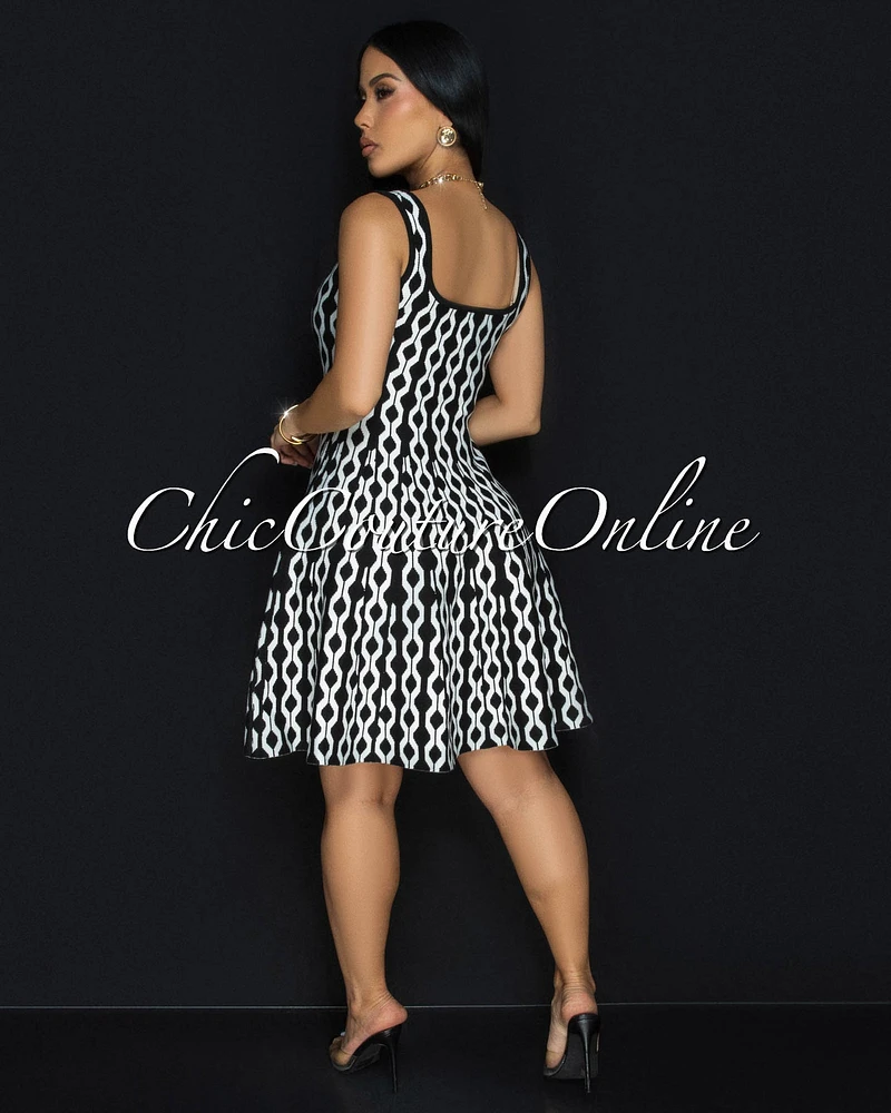 Cania Black White Print Knit Skater Dress