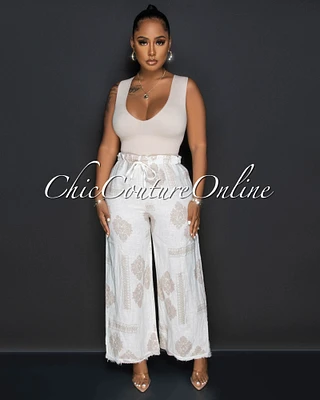 *Querida White Nude Damask Print LINEN Pants