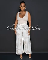 *Querida White Nude Damask Print LINEN Pants