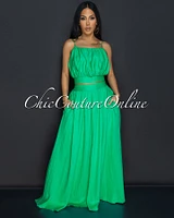 Danaye Green Crop Top & Flared Skirt Two Piece Set