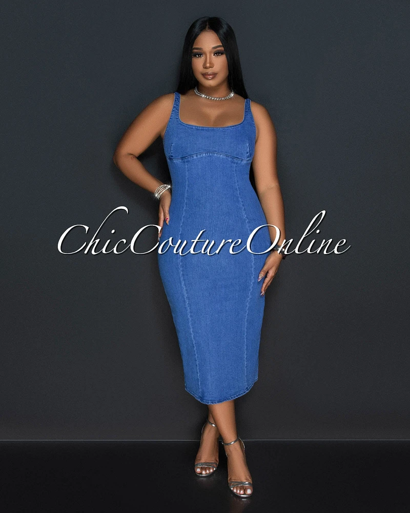 Arania Medium Denim Fitted Midi Dress