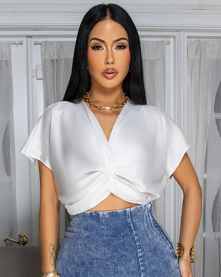 Rexa Off-White Knot Front Silky Top