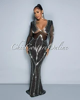 Marita Black Mesh Rhinestones Sheer Accent Maxi Dress