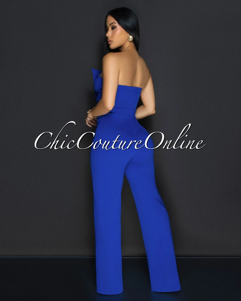 Amiri Royal-Blue Gold Accent Button Strapless Jumpsuit