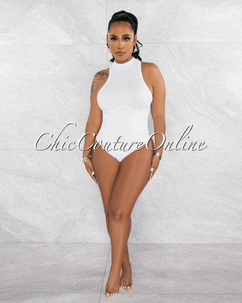 Xenit White Ribbed Trim Details Bodysuit