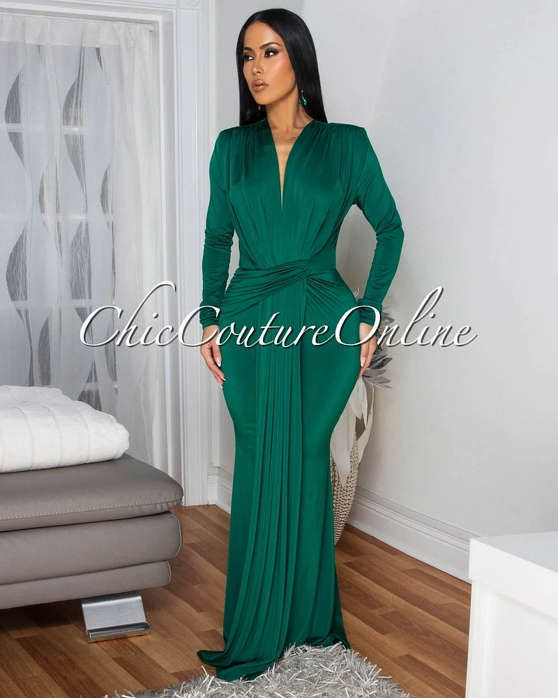 Shelley Hunter Green Long Sleeves Deep V-Neck Maxi Dress