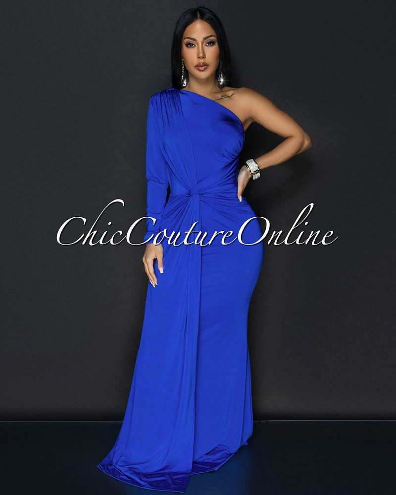 Balencia Royal-Blue Single Sleeve Knot Front Maxi Dress