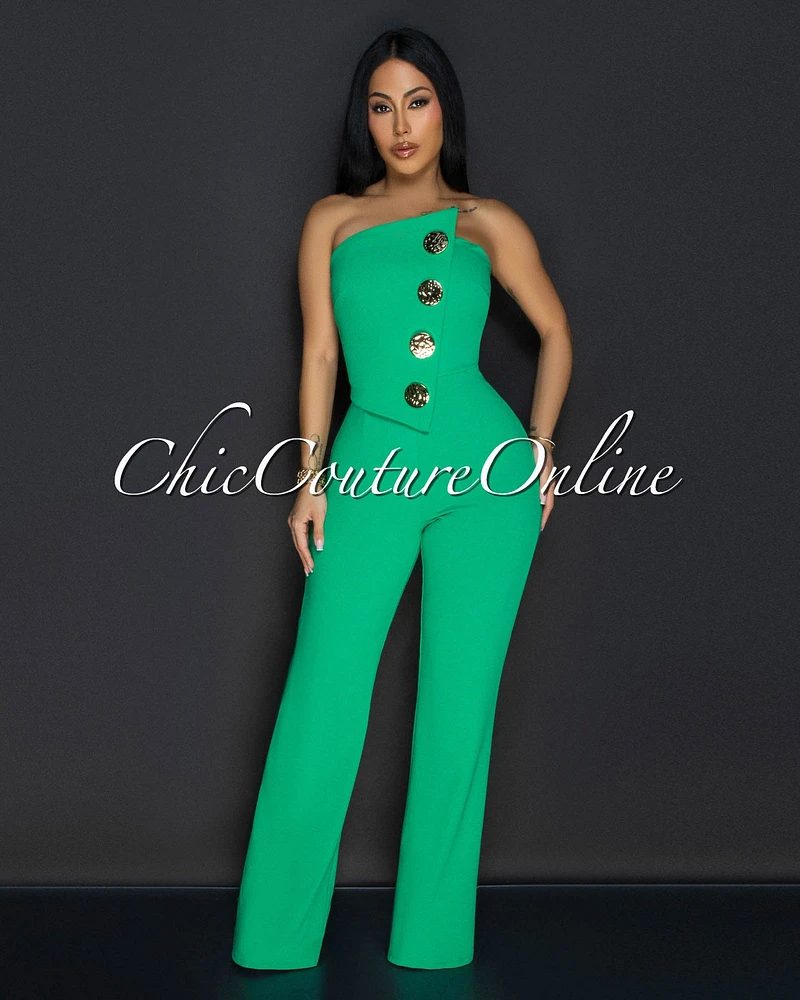 Amiri Kelly Green Gold Accent Button Strapless Jumpsuit