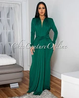 Shelley Hunter Green Long Sleeves Deep V-Neck Maxi Dress