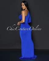 Balencia Royal-Blue Single Sleeve Knot Front Maxi Dress