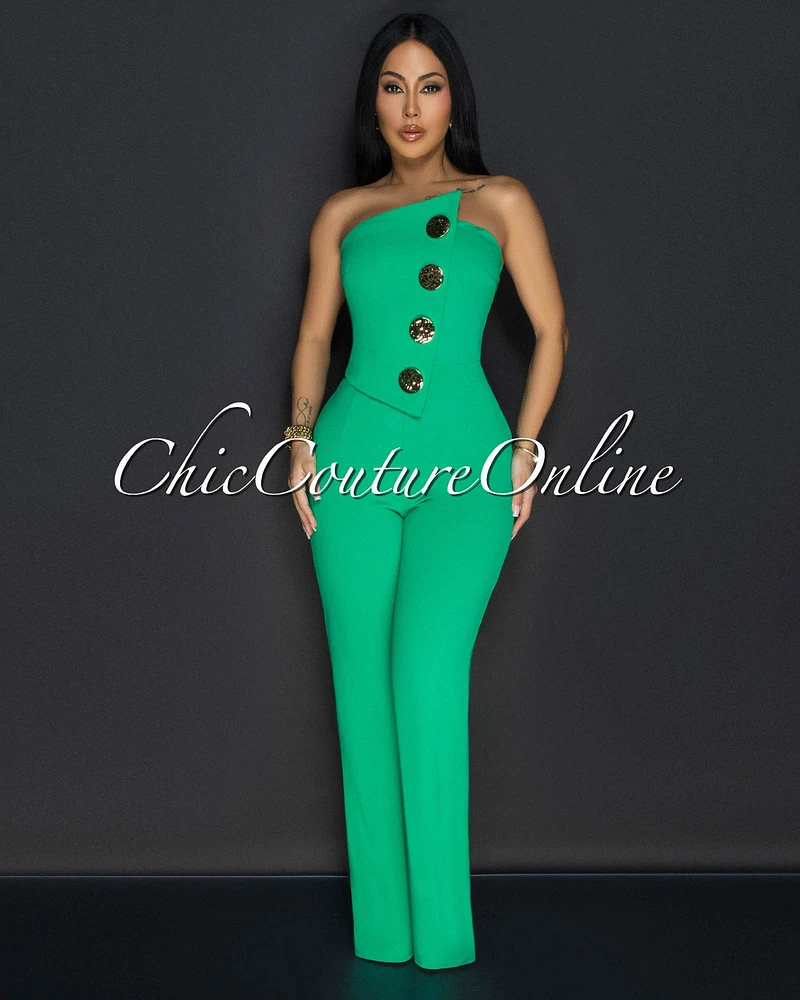 Amiri Kelly Green Gold Accent Button Strapless Jumpsuit