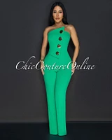 Amiri Kelly Green Gold Accent Button Strapless Jumpsuit