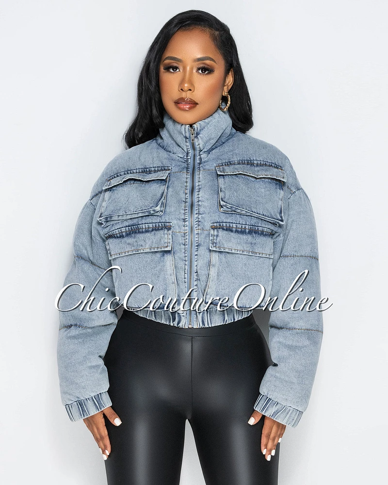 Priscila Washed Denim Cargo Pockets Bomber Jacket