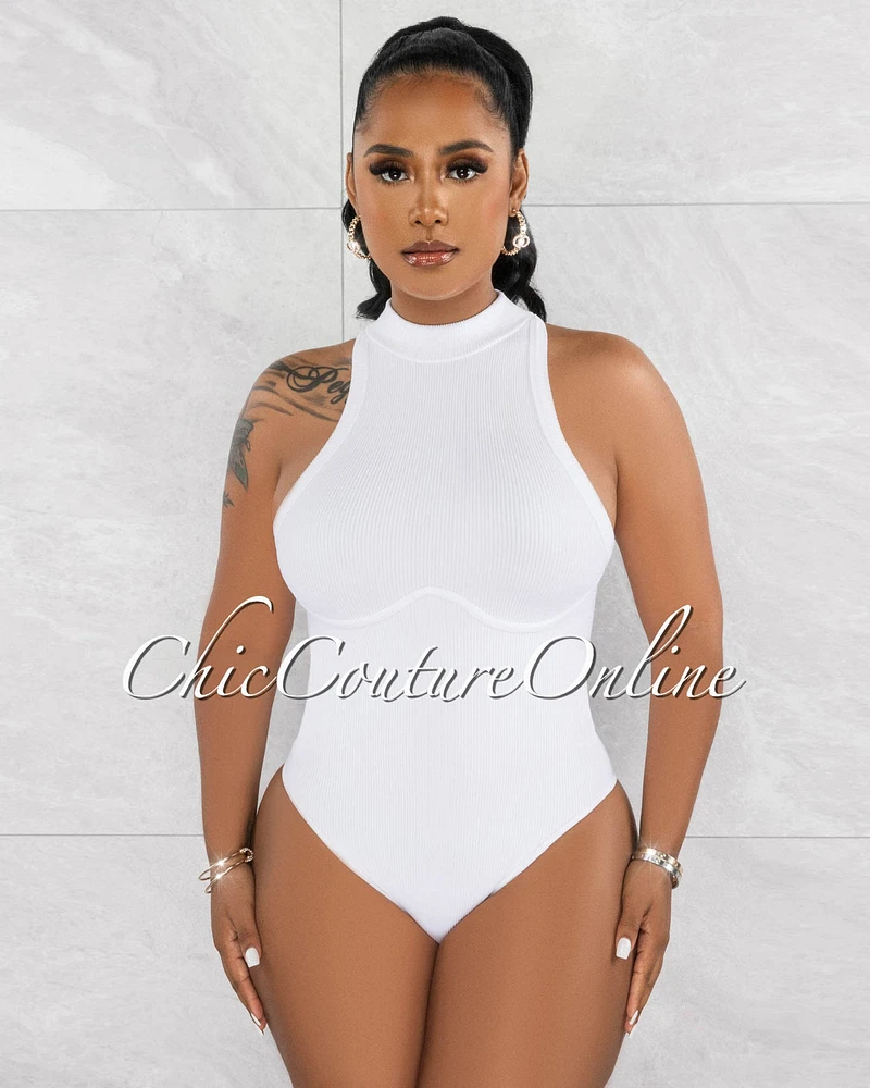 Xenit White Ribbed Trim Details Bodysuit