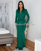 Shelley Hunter Green Long Sleeves Deep V-Neck Maxi Dress