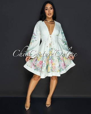 Cheryl Cream Multi-Color Floral Print Bubble Sleeves Dress