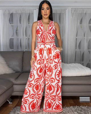 Guilia Red White Print Tie Front Jumpsuit