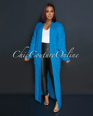 Justina Turquoise Cable Knit Long Cardigan