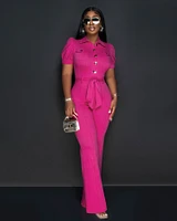 Gemini Fuchsia Gold Buttons Bubble Sleeves Jumpsuit