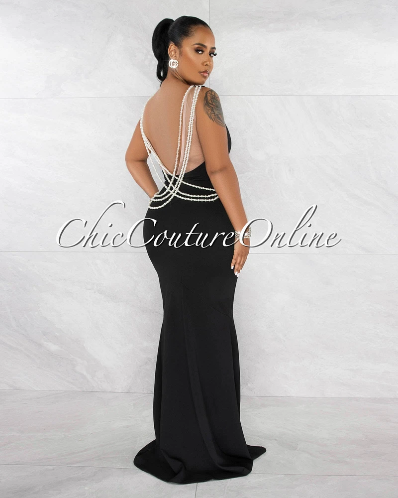 Carina Black Low Back Pearl Link Accent Maxi Dress