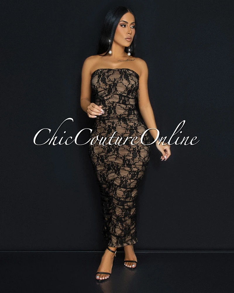 Insignia Black Lace Nude Ruched Strapless Dress