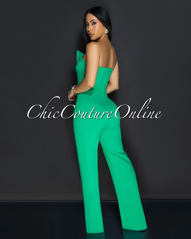 Amiri Kelly Green Gold Accent Button Strapless Jumpsuit