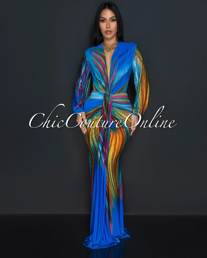 Ayana Blue Peacock Long Sleeves Deep V-Neck Maxi Dress