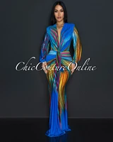 Ayana Blue Peacock Long Sleeves Deep V-Neck Maxi Dress