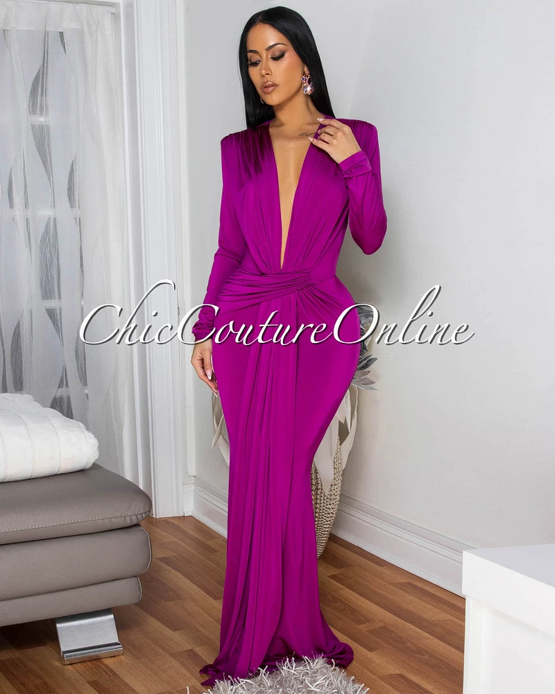 Shelley Magenta Long Sleeves Deep V-Neck Maxi Dress