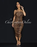 Altman Leopard Print Mesh Overlay Ruched Off-The Shoulder Dress