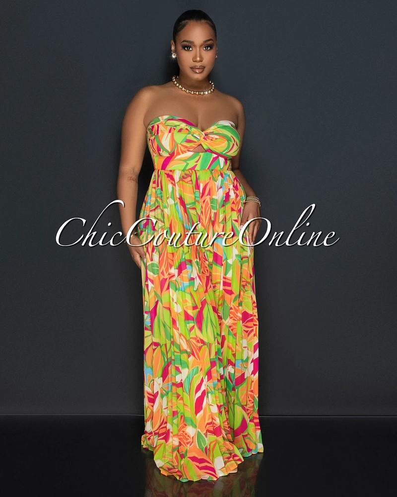 Rita Orange Green Print Bust Keyhole Pleated Jumpsuit