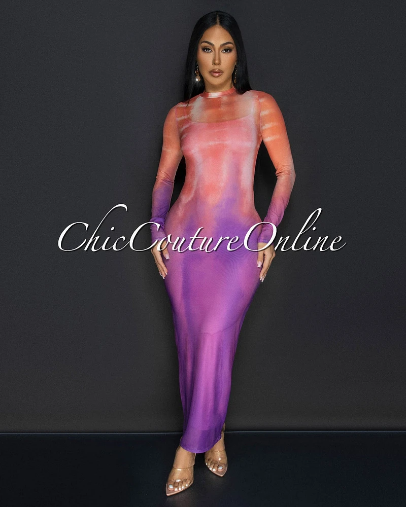 Cleon Peach Purple Mesh Sheer Maxi Dress