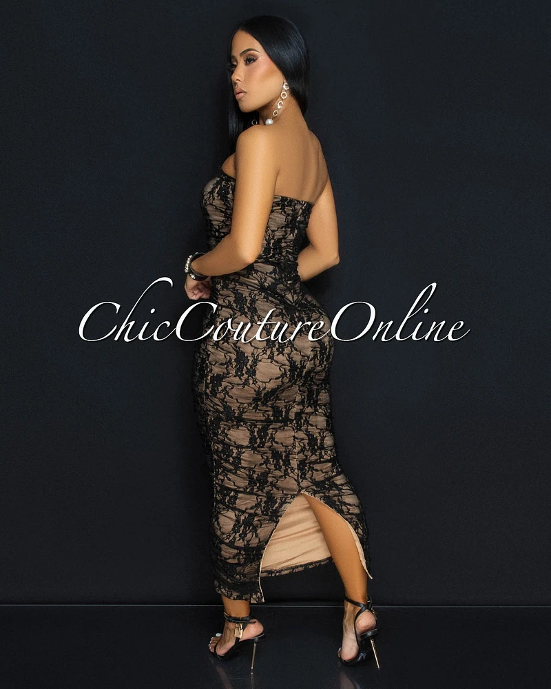 Insignia Black Lace Nude Ruched Strapless Dress