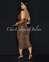 Altman Leopard Print Mesh Overlay Ruched Off-The Shoulder Dress