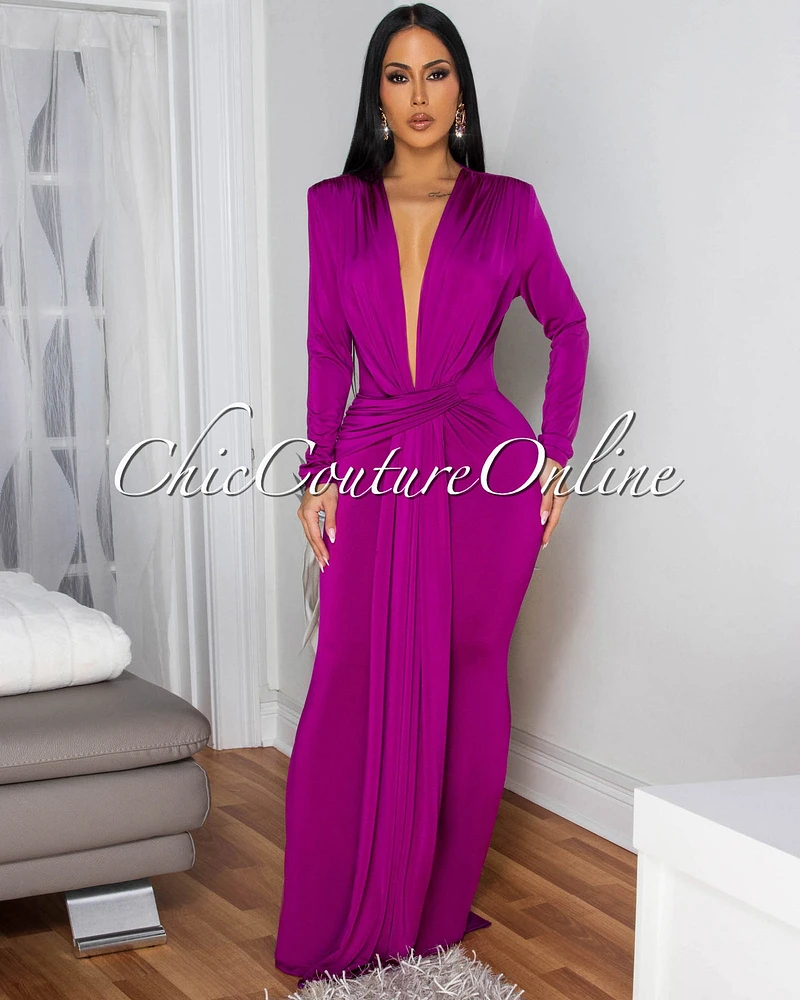 Shelley Magenta Long Sleeves Deep V-Neck Maxi Dress