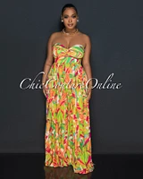 Rita Orange Green Print Bust Keyhole Pleated Jumpsuit