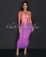 Cleon Peach Purple Mesh Sheer Maxi Dress