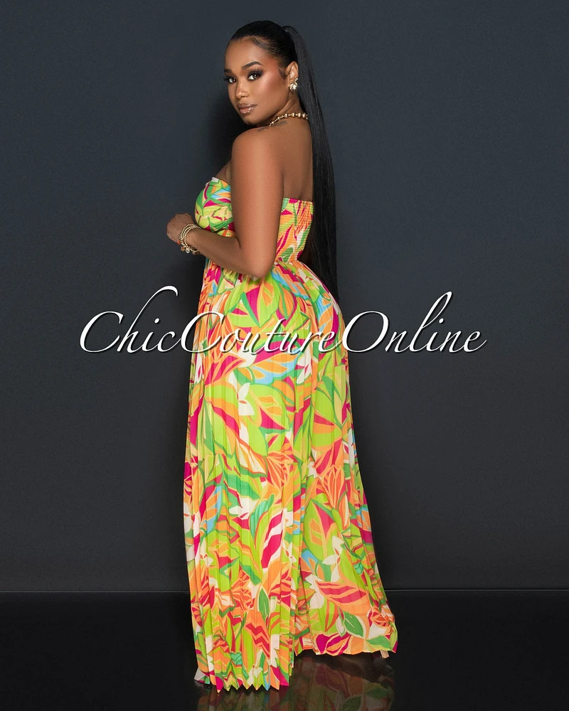 Rita Orange Green Print Bust Keyhole Pleated Jumpsuit