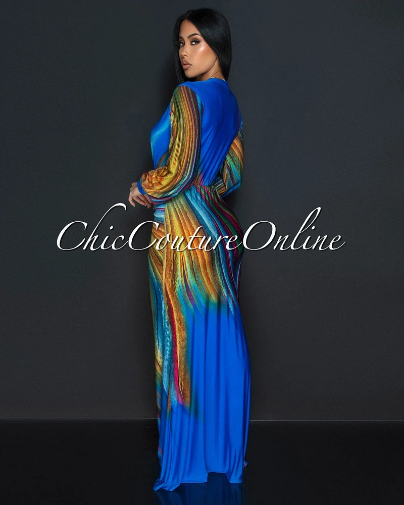 Ayana Blue Peacock Long Sleeves Deep V-Neck Maxi Dress