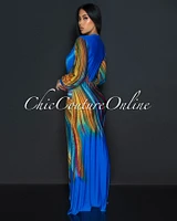 Ayana Blue Peacock Long Sleeves Deep V-Neck Maxi Dress