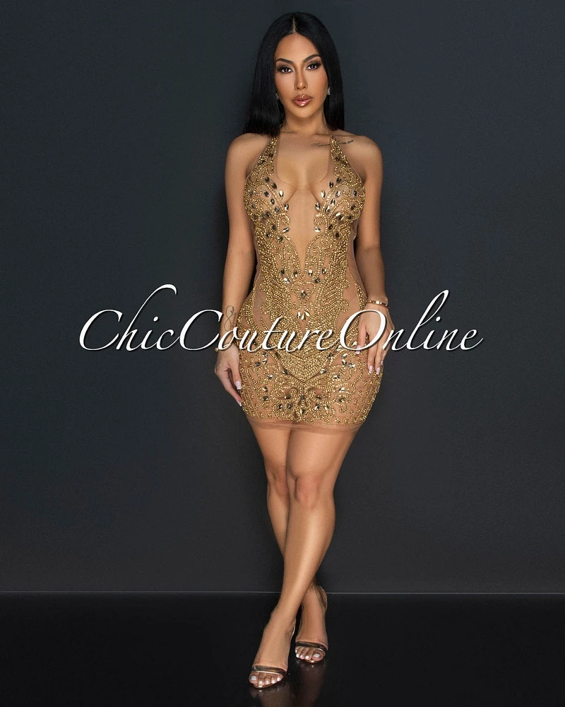 Dea Gold Mesh Rhinestones Halter Mini LUXE Dress